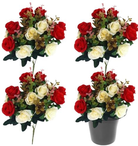 Flores de cementerio con macetas de flores 4 racimos de tumbas de rosas artificiales y 1 jarrones conmemorativos, 16 agujeros soportador de inserción ＆ 12 cabezas de seda para decoración, arti