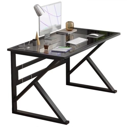 Großer Schreibtisch Aus Gehärtetem Glas – Stabiler K-förmiger Bürotisch Mit Kabelführungslöchern Und Geräumiger Schreibtischplatte, Einfach Zu Montieren(Black B,100 * 60 * 74cm)