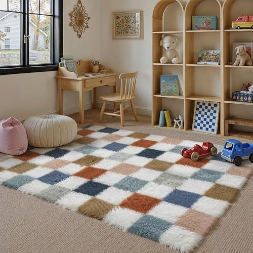 HUGEAR Kariert Flauschig Teppich Wohnzimmer 140x200cm Multicolore Weiß Shaggy Carpet