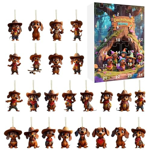 Calendario De Cuenta Regresiva Navidad Dachshund - Caja De 24 Colgantes Acrílicos Navideños, Decoración Canina Creativa | Accesorios Ornamentales Brillantes Para Árboles Puertas Ventanas Autos Fiestas