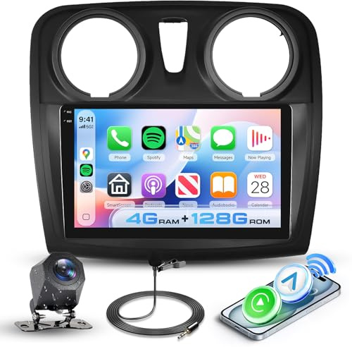 Hodozzy 4G+128G Android Autoradio pour Renault Dacia Sandero 2012-2019 avec Carplay sans Fil Android Auto, Incell Écran Tactile 9 Pouces 2 Din Poste Radio avec GPS Bluetooth DSP, WiFi, FM RDS, Caméra