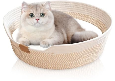 MDPUTY Katzenbett Waschbar, 50cm Durchmesser Katzenkorb aus Baumwollseilen Geflochten Atmungsaktives Katzenkörbchen mit Kissen Langlebig Katzen Bett für Alle Katze (Beige)