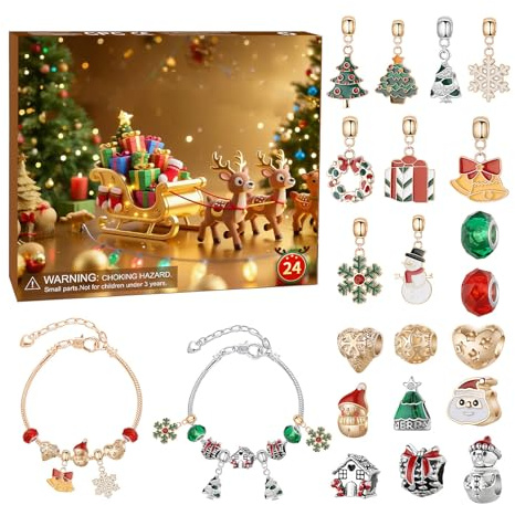 DIY Weihnachten Armband Set - Schmuckarmbänder inklusive 24 Zubehörteile, Perlen und Anhänger, kreative Geschenkbox für Advent, Bastelspaß für Kinder, personali Schmuckgeschenk