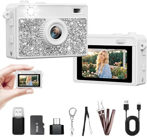 Trunsif Mini porte-clés appareil photo numérique HD avec carte de 16 Go et porte-clés cool Blanc