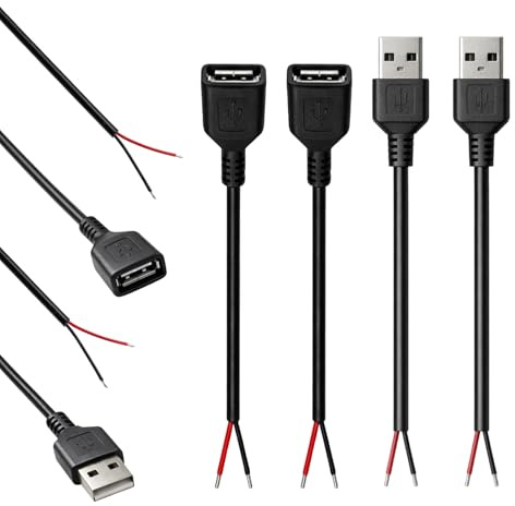 Ermenlifiqq 4 pezzi cavo pigtail USB A 5 V/2 A USB 2.0 Power, cavo di alimentazione USB con estremità cavo aperte da saldare, spina e presa, per DIY, riparazione e alim 5 V