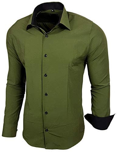 Baxboy Herren-Hemd Slim-Fit Bügelleicht Für Anzug, Business, Hochzeit, Freizeit - Langarm Hemden für Männer Langarmhemd R-44, Farbe:Khaki, Größe:L