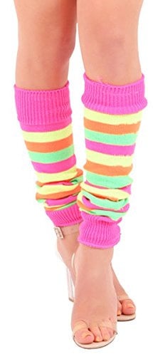 Crazy Chick® New Women 1980s Fancy Dress Accessories 4PCs Set, 2 Layer Tutu Skirt, Vest, Necklace Bead, Leg Warmer Party Fancy Dress Accessory For Theme Party (One Size, Rainbow Leg Warmer)