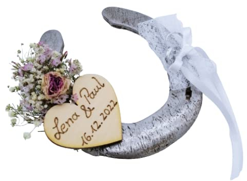 Hochzeit Ringkissen Ringhalter Hufeisen mit weißer Spitze und Herz für Namen