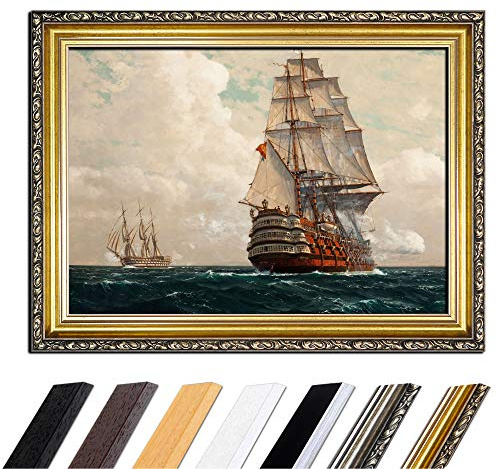 Bilderdepot24 Bild mit Rahmen - Michael Zeno Diemer Schiff auf dem Meer 90x70 cm - Gerahmtes Leinwandbild Alte Meister - Antiker Rahmen Gold Barock, Klassisch