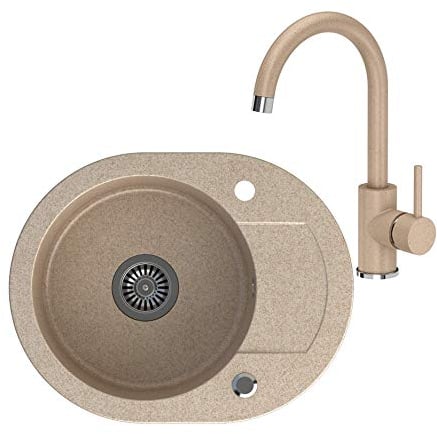 VBChome Spülbecken + Armatur 59x46 cm Beige Einzelbecken Spüle Küche Einbauspüle Verbundspüle Waschbecken Küchenspüle gesprenkelt + Siphon Wasserhahn Küchenarmatur Einhebel Mischbatterie