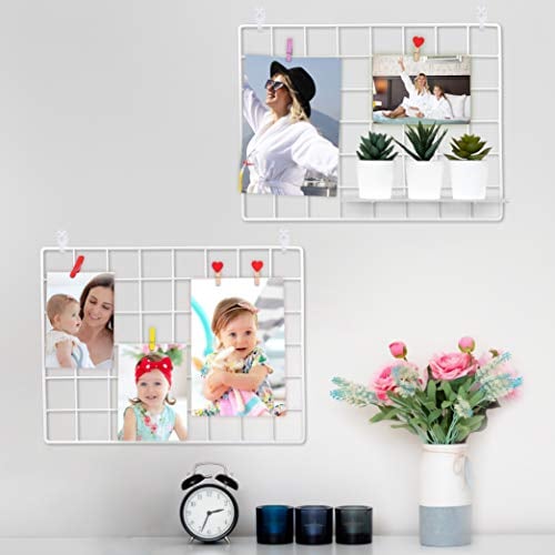 ODOXIA Paquete De 2 Rejilla Decoracion Pared | Rejilla Pared Para Mostrar Fotos | Paneles De Metal, Blanco y Magnético | Organizador De Almacenamiento De Rejilla Y Marco De Fotos
