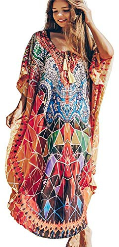Lazz1on Damen Kaftan Strandkleid Pareo Blumendruck Kimono Maxi Langes Kleid Tunika Ethnischer Maxikleid Bikini Coverups