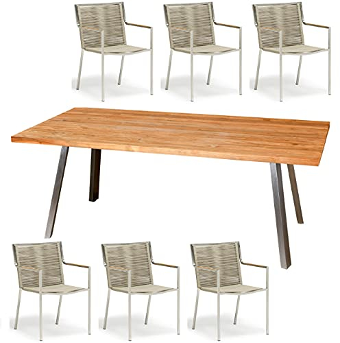 Inko 7-teilige Sitzgruppe Varuna Edelstahl/Kordel/Teak 200x100 cm Tisch mit Stapelsesseln
