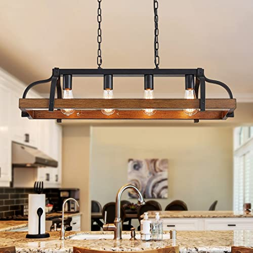 WUZUPS 4-light metal pot colgante araña imitación madera grano lineal colgante techo iluminación rústica granja accesorio cocina isla comedor, h25 x l88 x w30, e27 base, negro