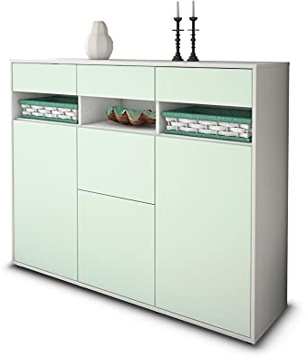 Stil.Zeit Highboard Kommode Michaela, Korpus Weiss matt, Front Farb-Design Eisblau (136x108x35cm), Push-to-Open Technik & Leichtlaufschienen