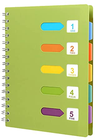 YOUDALIS A5 Notizbuch Register,Ringbuch Liniert Spiralblock mit 5 Index Fahnen,Notizblock Skizzenblock Tagebuch Gut für Memos,120 Blatt/240 Seiten (Grün)
