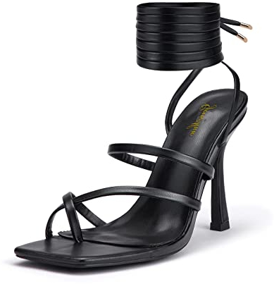 GENSHUO Damen High Heel Sandale Stiletto Schnürsandalen Sexy Eckige Zehen High Heel Riemchensandalen mit Zehenring Stiletto Riemchen Sandaletten Zehentrenner Schwarz Größe 40 EU