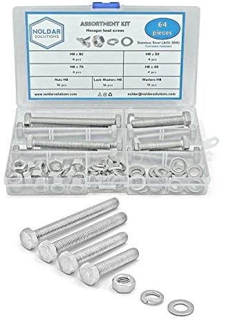 NOLDAR Assortiment de vis à tête hexagonale, écrous hexagonaux, rondelles plates et grower Kit visserie en acier inoxydable de 64 pièces Métrique M8 Longueurs de 40 mm à 80 mm