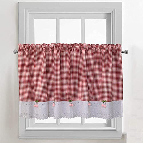 Ricemru Scheibengardine Landhaus Vintage Kariert Rot Stickerei Kurzstore Bistrogardine Blickdicht Kurz Kurzgardine Romantisch Küche Esszimmer Kaffee mit Kirsche Anhänger,130x80