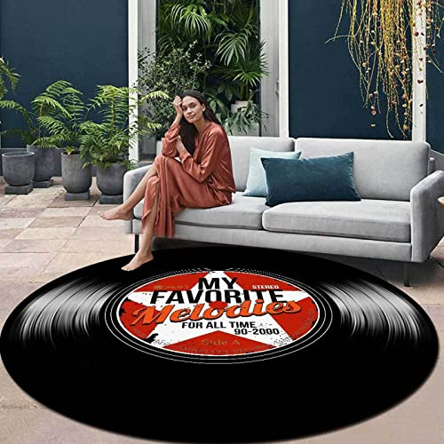 makeups1 Outdoor Teppich Balkon Terrasse Küchenteppich Großer Rund Kurzflor rutschfest Runden Teppiche, Stylische Retro-Vinyl-Schallplatte mit rotem Pentagramm, Ø 140 cm