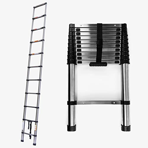 3,2M Teleskopleiter Edelstahl Leiter Klappleiter Ausziehleiter Stehleiter Rutschfester, Teleskop-Design, aus hochwertigem Edelstahl, Tragbar,Leichte, 150 kg Belastbarkeit EN131-Zertifizierung