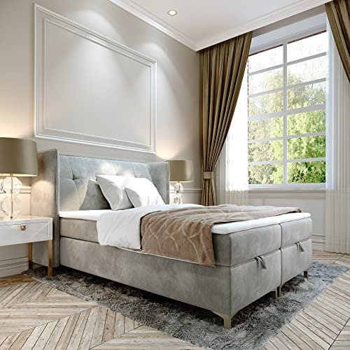 FURNISTAR Boxspringbett Doppelbett LIND - 140x200cm Bett mit Bonellmatratze, mit Bettkasten für Bettwäsche und Topper. EIN Bett mit einem klassischen, konturierten Kopfteil (Velvet 83, 140x200)