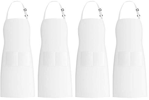 Josenidny Pack de 4 Delantales con 2 Bolsillos, Delantal de Cocina de Chef Ajustable Delantal de Cocina para Hombres y Mujeres, Blanco
