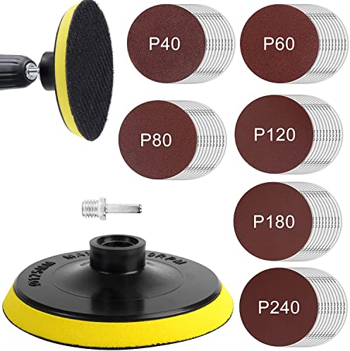 Papel de Lija, 60 Discos 150mm para Lijado de Madera en Amoladoras M14 y Taladros, Disco Radial de Madera con Granos 40/60/80/120/180/240 para Pulir Madera, Pared, Metal y Autos