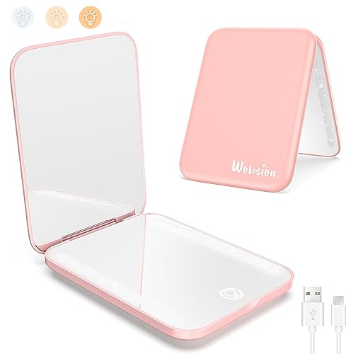 wobsion Travel Makeup Mirror with Light, Dimmable Compact Mirror for Pocket, Small Mirrors for Handbag, 1x/3x Magnifying Portable Led Mirrors for Women, Rechargeable, Gifts for Girls, Pink