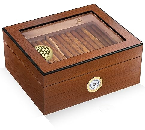 Slege Cigar Humidor,Humidor Cigar Box for Cuban Cigars,Glass-Top Humidor Spanish Cedar-Cigar Case,Cigar Humidifier,Divider,Hygrometer,Men's Gift,Cigar Accessories(30-50 Cigars)