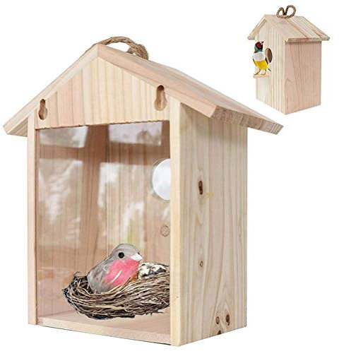 KENANLAN see through bird box 23 * 20 * 13 Birdhouse Bird Feeder Wooden Hanging Nest Box Outdoor Window Cage with Suction Cups