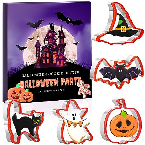 Juego de 5 cortadores de galletas de Halloween de acero inoxidable con borde protector de silicona para hornear: calabaza, murciélago, fantasma, gato y sombrero de bruja