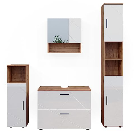 Vicco Ensemble de Meubles de Salle de Bain Irma, Chêne/Blanc Haute Brillance, 4 pièces, avec Armoire à tiroirs et Armoire Haute