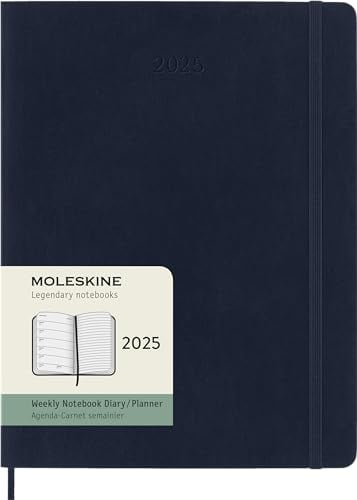 Moleskine Weekly Planner, WochenPlaner mit Platz für Notizen für 12 Monate 2025, Weicher Einband und Elastischer Verschluss, Farbe SaphirBlau, ExtraGroßes Format 19x25 cm