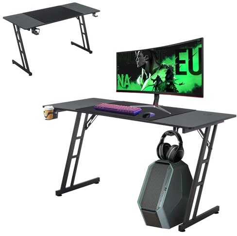 Froadp Bureau de gaming - 140 x 60 cm - Surface en fibre de carbone - Ergonomique - Avec porte-gobelet et crochet pour casque - Cadre en Z stable - Charge maximale : 150 kg