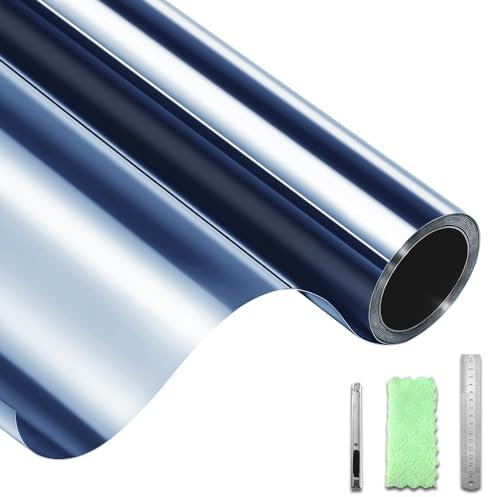 DIFIT Film Fenêtre Anti-Regard Film Miroir pour Fenêtre sans Tain Film Occultant Fenêtre Anti UV Protection Solaire Anti Chaleur Film Électrostatique Vitre Maisons, Bureaux(Bleu-Argent,90x200cm)