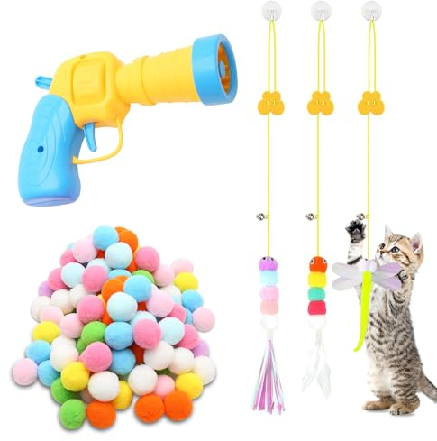 MAIXINNEW Katzenspielzeugs Ballwerfer Set, Katzenspielzeug Ball Pistole mit 100 Bunten Plüschball, Plüschball Pistole Katzen mit Hängendes Frühlings Interaktives Katzenspielzeug für Interaktives