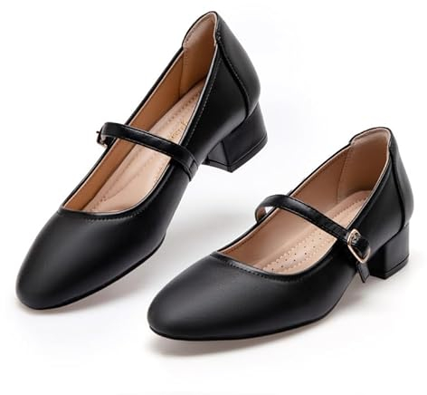 hingswink Mary Jane Shoes Women White Low Heels Dress Shoes Pumps for Women Dressy Low Heel 2 Inch Chunky Heel Mary Janes Pumps with Adjustable Ankle Strap for Women Dressy Casual, PUBlack7