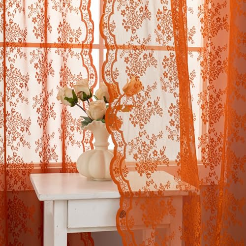 Orange Böhmische Vorhänge 250 cm lang - Rost Retro Spitze Fall Vorhänge für Wohnzimmer Stangentasche Herbst Bauernhaus Halloween Dekor für Home Office Terrasse Schiebetür 52 x 102, Burnt Orange