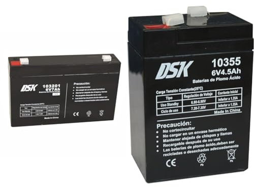 DSK 103201 - Versiegelte wiederaufladbare AGM-Bleibatterie 6V mit 7Ah & 10355 - Versiegelte wiederaufladbare AGM-Bleibatterie mit 6 V und 4,5 Ah