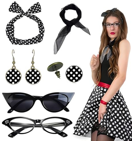 demaxiyad Haarband mit Punkten, gepunktet, für Damen, 1950er-Jahre-Katzenaugen-Brille mit Haarbändern und Ohrhängern, Vintage-Pünktchen-Stirnband für Damen