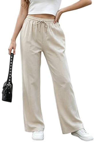 MorFansi Damen Leinenhose Leicht Sommerhose Freizeithose, Khaki, M