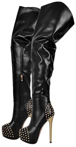 blingqueen Stivale da donna con plateau sopra il ginocchio, con borchie, Poliuretano nero., 38 EU