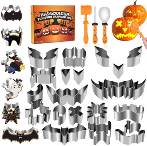 Hysagtek Halloween Pumpkin Carving Kit - 24 Piece Pumpkin Carving Tool Set Professional DIY Stainless Steel Cutters Stencils for Adults Heavy Duty Halloween Decoration
