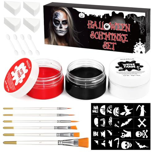 WIAZZLUK Halloween Schminke Set Makeup Set, Face Paint Weiß Schwarz Rot, Gesicht Body Painting Öl Rot mit Makeup Pinsel, Kinderschminke Fasching, Zombie Vampire, Clown Bilden Gesicht Körper Farbe Set