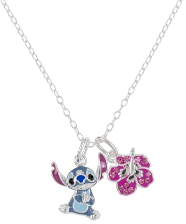 Disney Damen-Halskette aus 925er-Sterlingsilber, Lilo und Stich, Kristall-Blumen-Charm-Anhänger, verstellbar (45 cm)