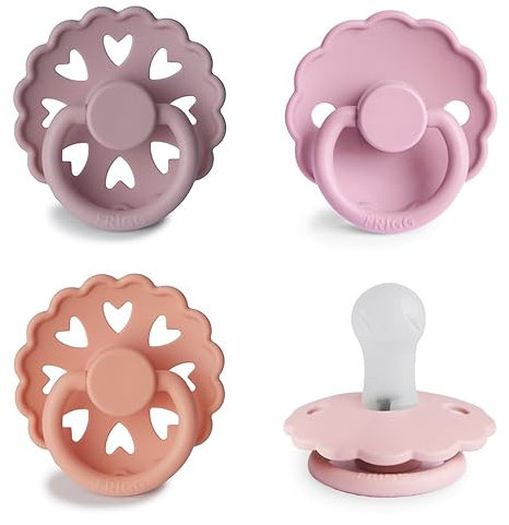FRIGG Multipack Silikon-Schnuller | 4'er Packung | Hergestellt in Dänemark | Symmetrischer Sauger in Kirschform | (Sunset Bliss, Größe 1 (0-6 Monate))