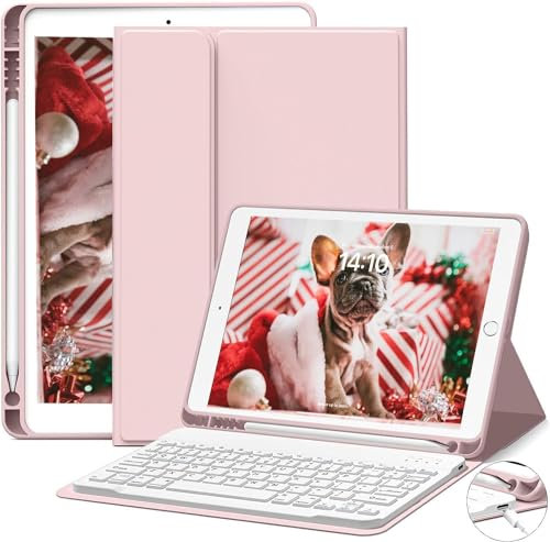 JKSML Étui avec clavier pour iPad 9e/8e/7e génération (2021/2020/2019) 10,2 avec porte-crayon, clavier Bluetooth sans fil amovible, coque arrière en TPU souple pour iPad 9e/8e/7e, rose