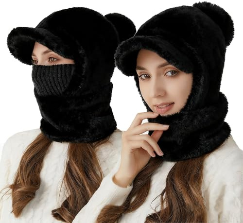 TAGVO Winter Strickmütze für Damen und Mädchen, Einteilige Warme Kapuzenschal-Mütze, Weiche Dicke Fleecegefütterte Sturmhaube, Winddichter Nackenwärmer und Ohrenschutzkappe für Outdoor-Sportarten
