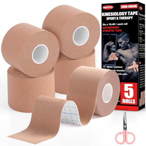 5 Rolls Kinesiology Tape, 2 inch x 16.4 Feet Waterproof Athletic Tape, Uncut Kinetic Tape, Muscle Tape, Sports Tape, Knee Tape for Exercise and Daily Use - Skin Color